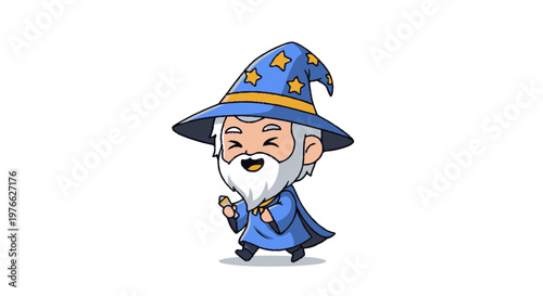 Cheerful Cartoon Wizard with a Blue Hat and Robe Walking.
