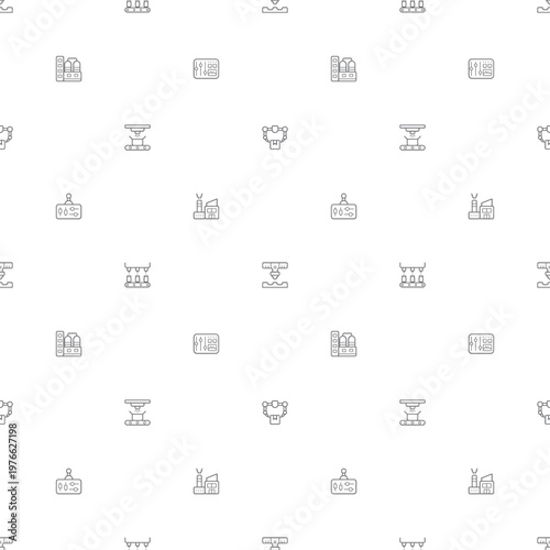 Seamless pattern factory and production Pictograms icon on white background. Included icons such as industry, manufacturing, product, packaging, assembly, machine, warehouse and other elements.