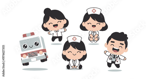 Cheerful Medical Team and Ambulance in Cartoon Style Illustration.