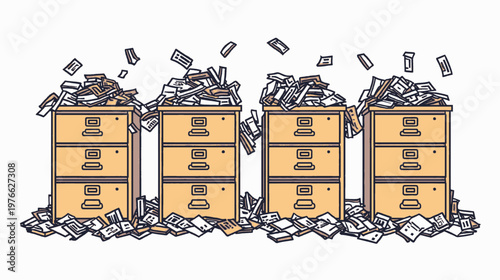 Four overflowing filing cabinets with papers scattered everywhere, symbolizing disorganization and information overload.