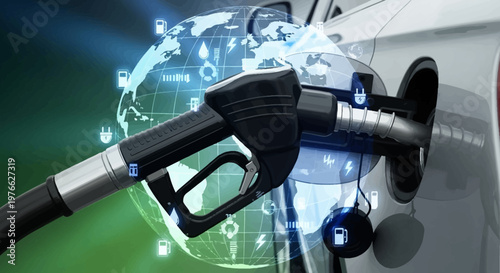 Fuel pump nozzle filling a car's tank with a glowing global energy network overlay in the background.