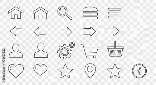 A collection of simple outline icons representing common user interface elements and actions, including navigation, search, user profiles, and shopping.