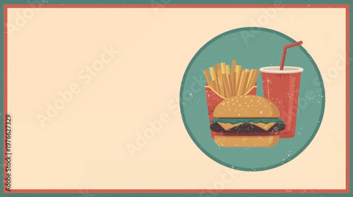 Retro-style illustration of a classic fast food meal featuring a hamburger, french fries, and a soda drink in a circular frame.