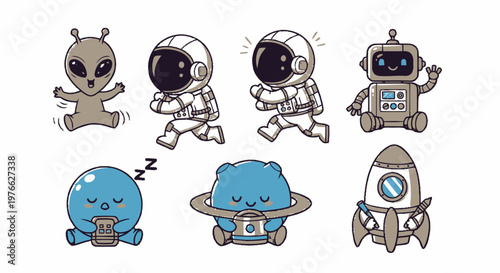 Cute Cartoon Characters of Space, Aliens, Astronauts, and Robots.