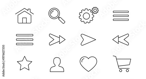 A collection of simple, thin-lined vector icons representing common user interface elements and actions.