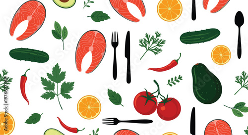 Healthy Mediterranean diet seamless pattern vector. Flat illustration of salmon steaks, avocado, tomatoes, citrus, and cutlery for kitchen and restaurant design.