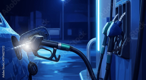A car being refueled at a gas station at night, with a glowing nozzle inserted into the tank.