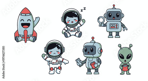 Cute Cartoon Characters of Space, Rocket, Astronauts, Robots, and Alien.