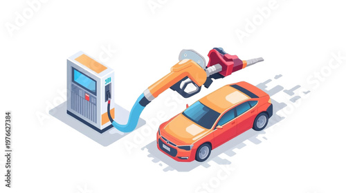 Isometric illustration of a red car being refueled at a gas station with a fuel pump and hose on a white background.