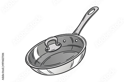 A simple sketch of a stainless steel frying pan with a long handle