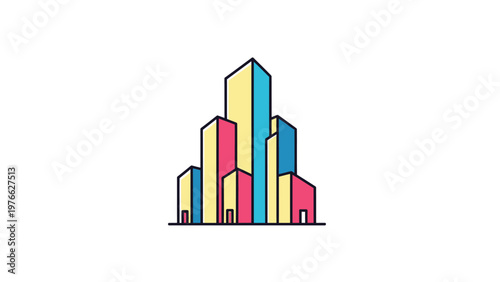 Colorful modern city skyline illustration with vibrant building designs.