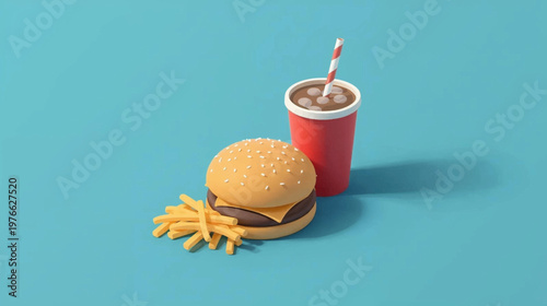 Stylized fast food meal with a cheeseburger, french fries, and a soda drink in a red cup on a blue background.