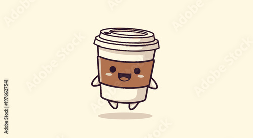 Cute Cartoon Coffee Cup Smiling Happily Isolated on White Background.