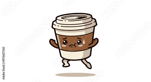 Cute Cartoon Coffee Cup with Sad Face and Running Legs.