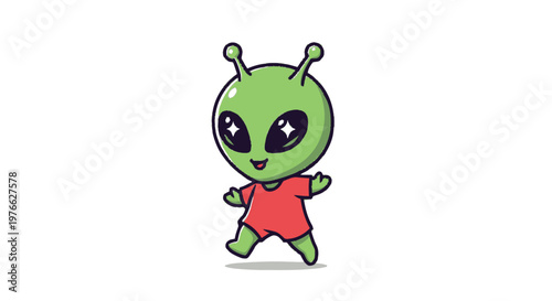 Cute Cartoon Alien Character Smiling and Walking Forward Happily.