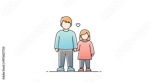 A man and a young girl standing together holding hands with a heart above them on a white background