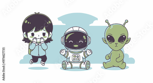 Cute Cartoon Astronaut and Alien Characters with a Surprised Girl.