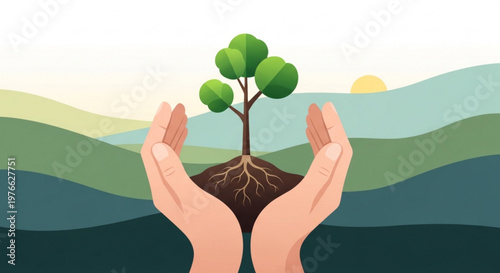 Hands cradling a young tree with roots and green leaves against a serene landscape background at sunrise