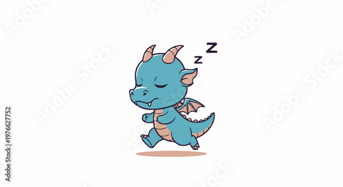 Cute Cartoon Dragon Sleeping While Walking, Isolated on White Background.