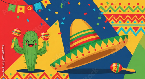 Vibrant mexican fiesta scene with smiling cactus holding maracas under colorful sombrero