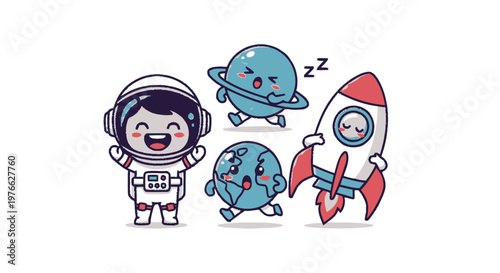 Cute Cartoon Astronaut and Planets with Rocket Ship Illustration.