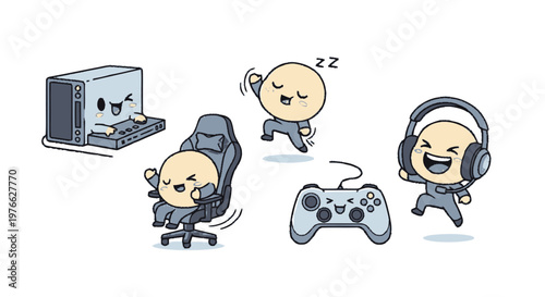 Cartoon Characters Enjoying Gaming and Technology with Various Accessories.