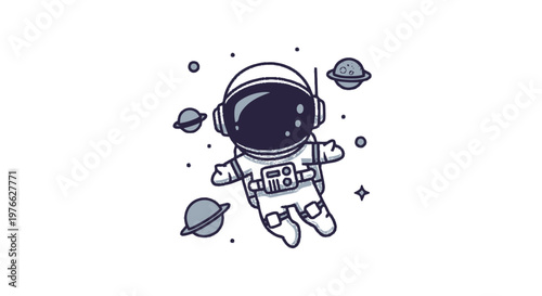 Cute Cartoon Astronaut Floating in Outer Space with Planets.