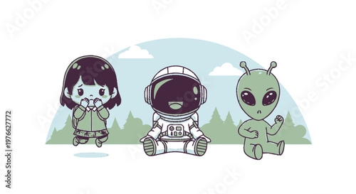 Cute Cartoon Astronaut and Alien Characters with a Smiling Girl, Fun Illustration.