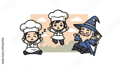 Cartoon Chefs and Wizard in a Whimsical Illustration.