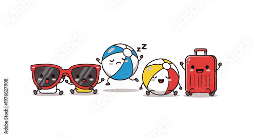 Cute Cartoon Beach Accessories Smiling and Ready for Vacation Fun.
