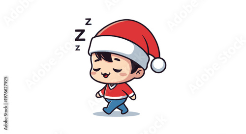 Cute Cartoon Boy Wearing Santa Hat Sleepwalking in Christmas Spirit.