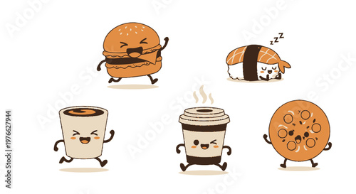 Cartoon Food Characters - Burger, Sushi, Coffee, Pizza, and More.
