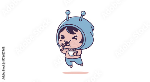 Cute Cartoon Character Enjoying a Delicious Snack with Joyful Expression.