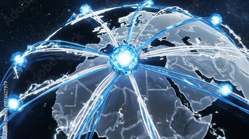 Dynamic digital earth globe with interconnected glowing blue lines data nodes, for global communication, advanced network infrastructure, internet connectivity, modern technology solutions
