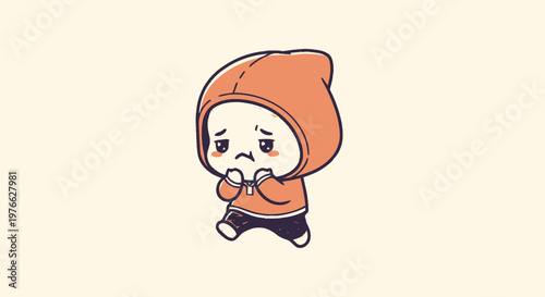 Cute Cartoon Character Feeling Sad and Depressed in Orange Hoodie.