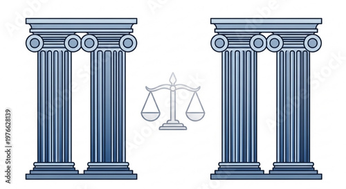 Two ancient greek columns with scales in between symbolizing justice and law in a minimalist illustration