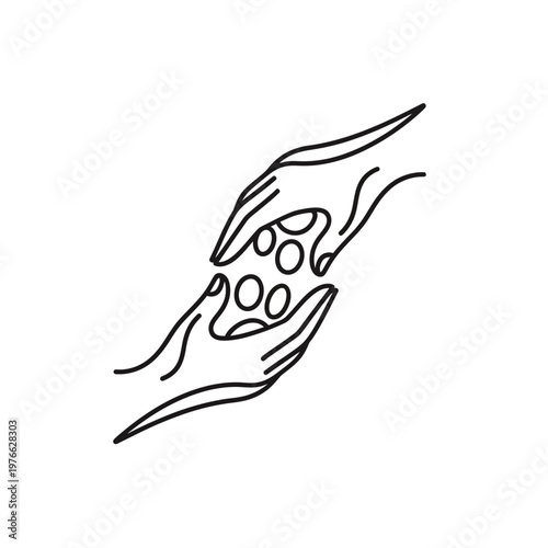 Minimal line drawing of hands exchanging seeds symbolizing giving and care.