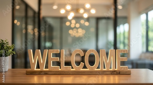 This 'welcome' sign on a modern office desk signifies a friendly and efficient new employee onboarding process.