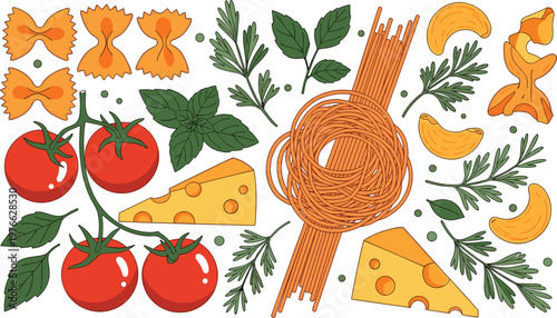 Italian pasta and ingredients vector set. Flat illustrations of spaghetti, farfalle, vine tomatoes, cheese, basil, and parsley for Mediterranean culinary and restaurant design.