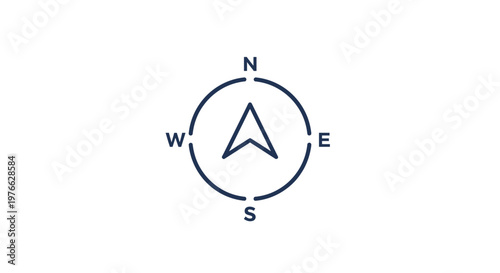 Fotografie Simple compass rose icon with cardinal directions N, S, E, W and an arrow pointing North within a circular design on a white background