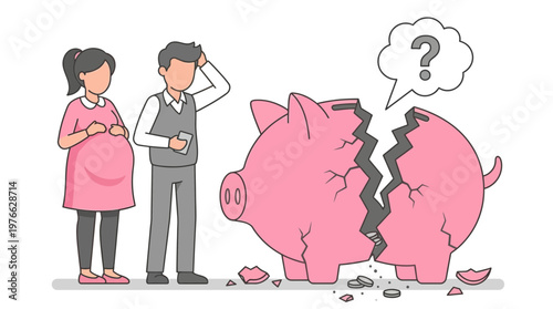 Concerned Couple Facing Financial Problem with Broken Piggy Bank