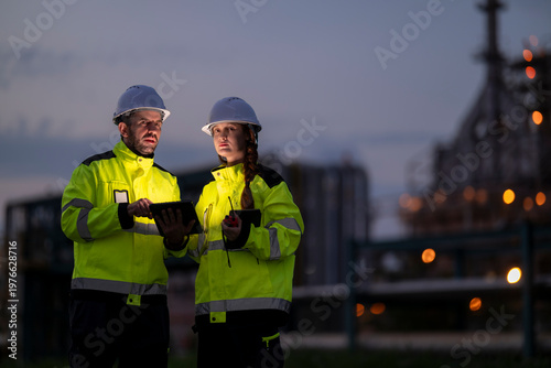 Engineers discussing refinery operations using digital tablet at night