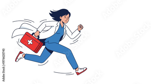 Dynamic Female Doctor Running with Medical Kit for Urgent Care