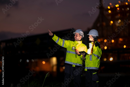 Engineering team working at refinery site at night