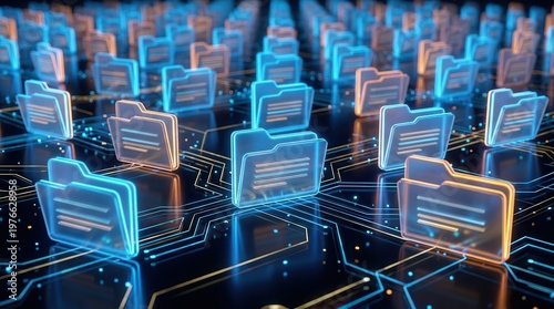 Networked nodes showcasing futuristic digital file icons for efficient file synchronization and advanced storage management.