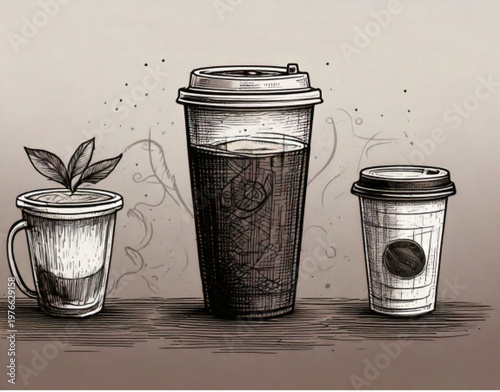 Three coffee cups with lids and straws in a sketch style.