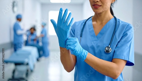 Healthcare worker donning gloves in a hospital corridor, focused
