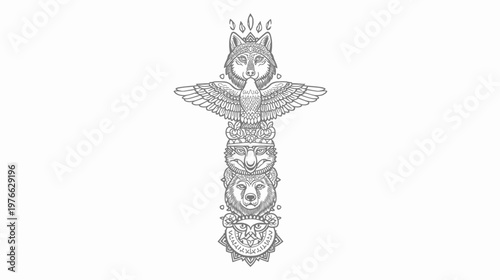 Intricate black and white illustration of a stylized totem pole featuring various animal spirits like wolf, eagle, and bears, with detailed patterns.