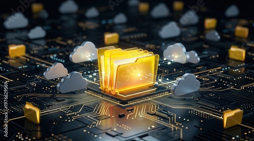 Depiction of cloud data synchronization and file migration, with glowing folder icons interacting across a complex circuit board.
