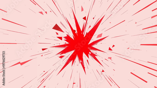A dynamic red explosion graphic with sharp radiating lines and shattered fragments on a light background, conveying impact and energy.